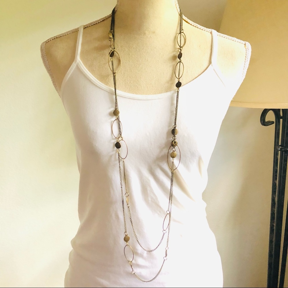Double strand layered brass chain disc accent long necklace